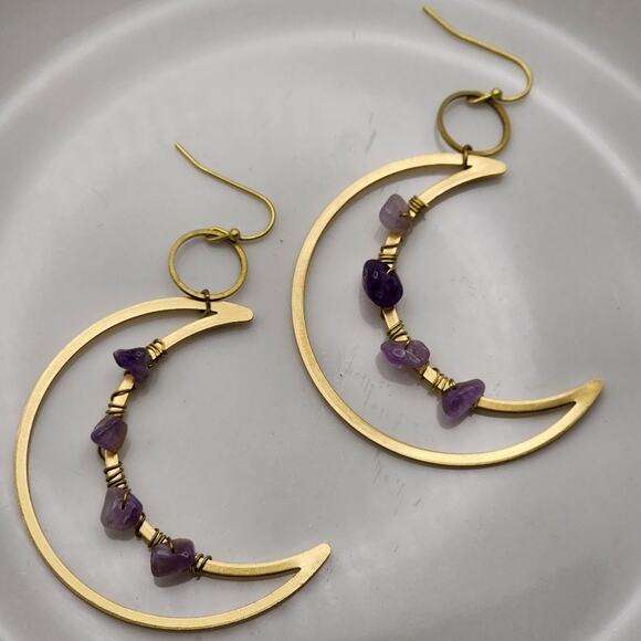 Genuine Amethyst Crescent Moon Earrings - Picture 5 of 8